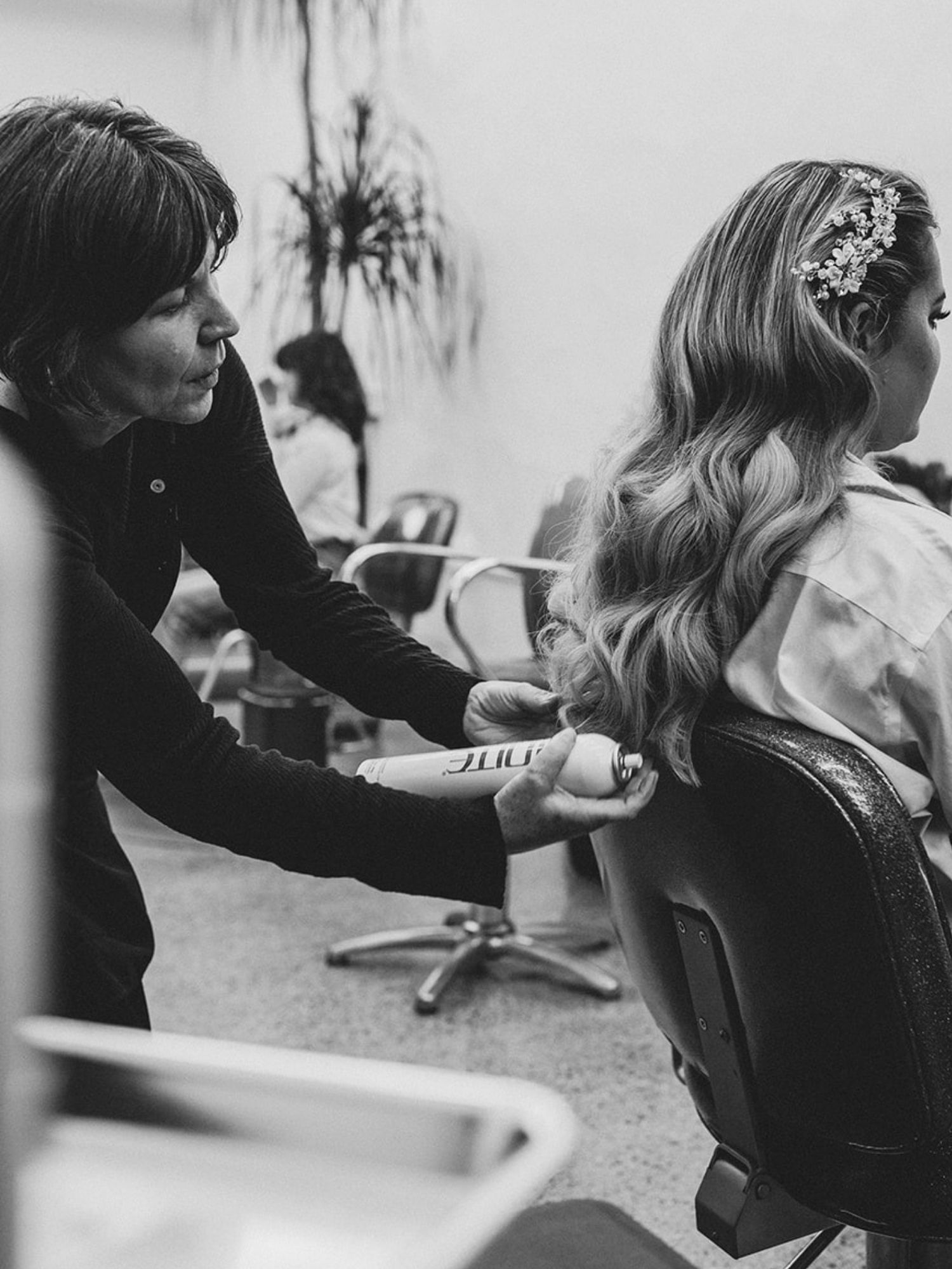 Hair styling in progress in the studio